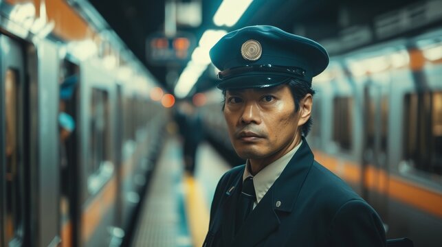 A train conductor in a neat uniform stands on a subway station platform, exuding professionalism and responsibility, with blurry train cars in the background emphasizing urban transit.