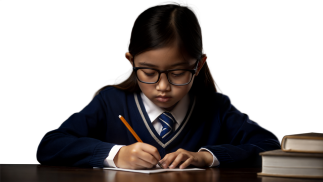 Young Girl in School Uniform Writing at Desk