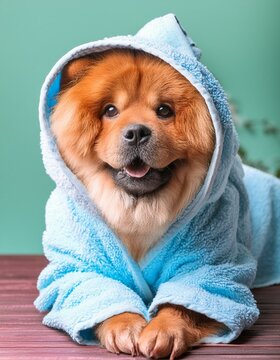 lindo perro chow chow en bata de ba&ntilde;o de color celeste