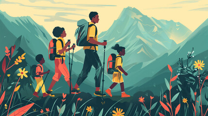 Fototapeta premium flat illustration, multiracial family, hiking in the mountains. Outdoor activities, healty lifestyle for the whole family. Spending time outside with family.
