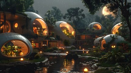 Obraz premium A futuristic solar planet with biodomes housing diverse plant and animal species