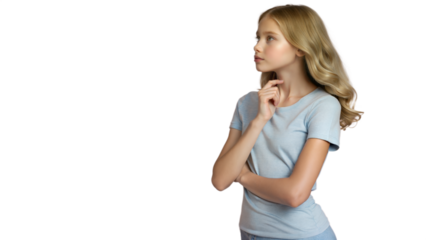 Young Woman with Blonde Hair Thinking on Transparent Background