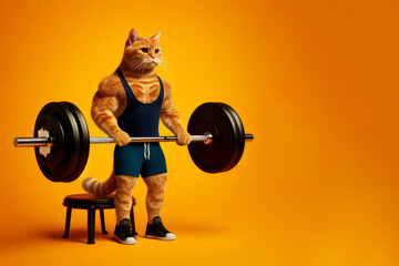 Cat bodybuilder in sportswear with a barbell on an orange background. Fitness and healthy lifestyle concept.