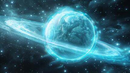 Obraz premium A radiant blue planet surrounded by illuminating rings, set against a star-filled cosmic background, creating a sense of wonder and the vastness of the universe.