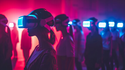 Woman experiencing virtual reality entertainment with group of friends