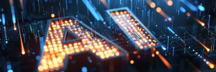 Fototapeta premium AI technology, Artificial Intelligence. Glowing letters AI built into the motherboard. Digital world of the future of neural networks and the artificial intelligence. Futuristic technology