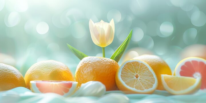 Creative Spring Design with Tulip Flower and Sliced Citrus Fruits for Posters and Cards