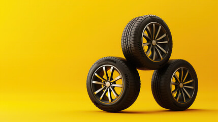 shop car tires, winter wheels isolated on yellow background 