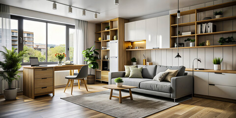 Bright studio apartment with multifunctional furniture, natural light, and a blend of workspace and living area, Generative AI