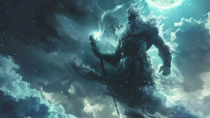 A mighty god stands with a staff against a captivating cosmic background, showcasing his formidable presence and dominion over the celestial realm.