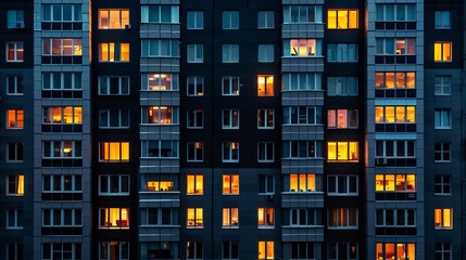 The image showcases an evening scene of a high-rise apartment building with numerous windows illuminated, displaying the vibrant lives of the residents inside.