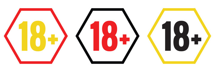 18 Plus icon set. Adult Plus Age Circle vector symbol in a black filled and outlined style. Eighteen years limit sign in eps 10.