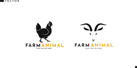 Farm animal logo. Goat and hen vector.  Isolated animals on white background