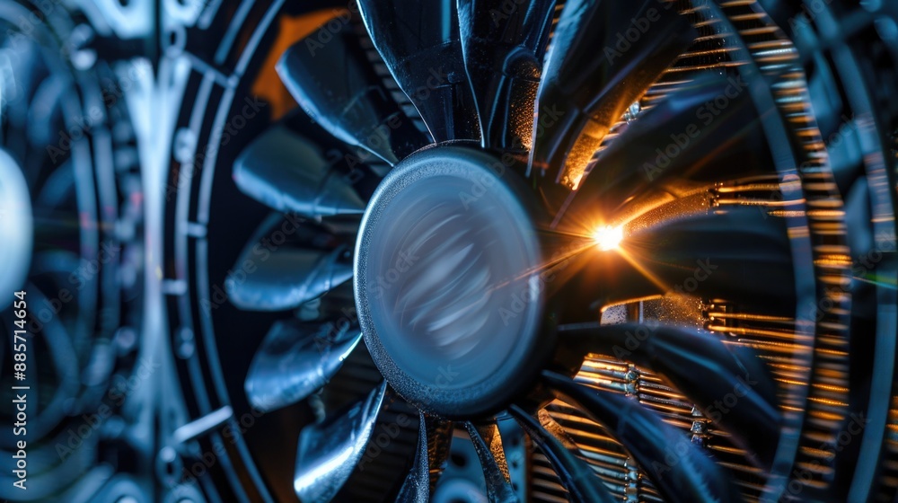Poster a detailed view of a computer fan, often used in technology-related contexts