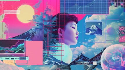 This image features a digitally created scene with a mountain, grid overlays, and vibrant pink and blue tones, incorporating technology and nature themes in neon hues.