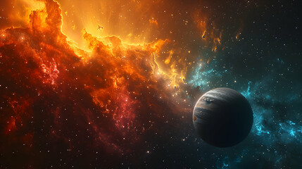  A solar planet depicted in a cosmic scene with bright stars and colorful nebulas