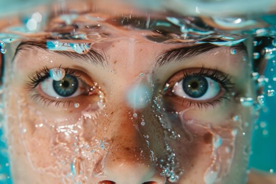 Plano detalle ojos de mujer sumergida debajo del agua