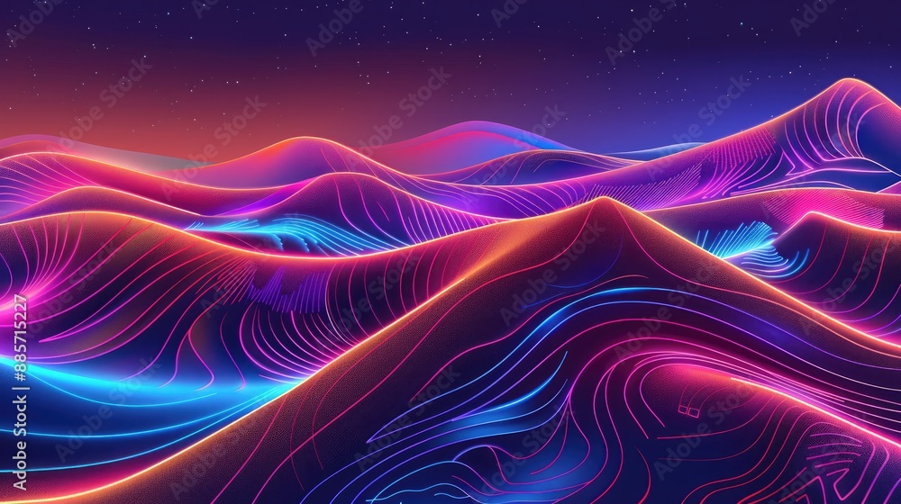 Wall mural an enchanting neon line design of a surreal desert landscape with glowing dunes and abstract pattern