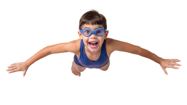Smiling Boy Wearing Swim Goggles and a Blue Swimsuit in a Diving Pose