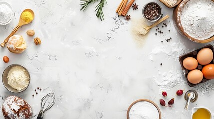 Background for baking or cooking with a top view of various ingredients and kitchen items
