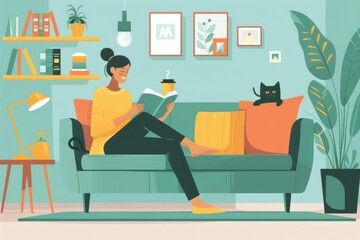 a woman sitting on the sofa with her cat, reading and drinking coffee The living room is decorated in light blue tones, with minimalistic decor elements such as pictures hanging Generative AI