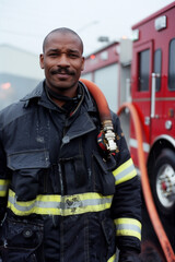 Fototapeta premium Firefighter Standing in Front of Fire Engine