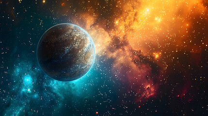  A solar planet depicted in a cosmic scene with bright stars and colorful nebulas