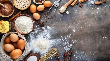 Background for baking or cooking with a top view of various ingredients and kitchen items