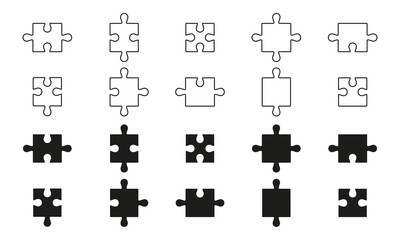 Collection Puzzle Pieces Fit Line and Silhouette Icon. Parts of Puzzle Icons Set. Editable Stroke. Isolated Vector Illustration
