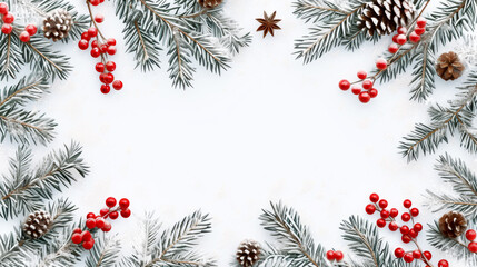 Christmas border composition with snowy pine branches and red berries