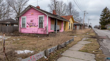 Poor city outskirts with abandoned houses, graffiti and litter