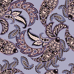 Paisley vector seamless design featuring stunning flowers and leaves in a batik-inspired style. Vintage backdrop