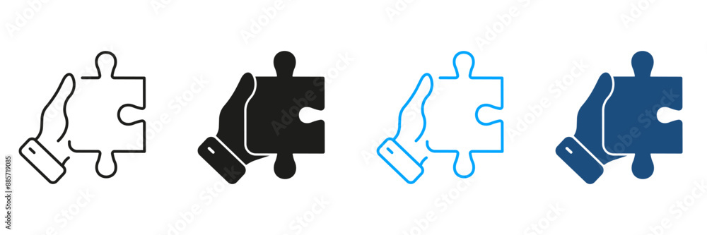 Poster human hand holds jigsaw piece line and silhouette icon set. puzzle game solution. success teamwork l