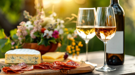 Food platter and wine served outdoors on vineyard, decorated with field flowers