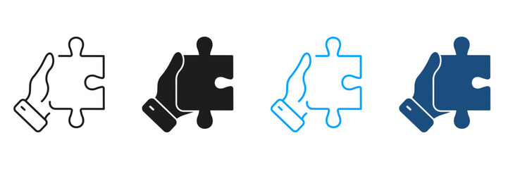 Human Hand Holds Jigsaw Piece Line and Silhouette Icon Set. Puzzle Game Solution. Success Teamwork Linear Pictogram. Problem Solving, Idea Sign. Editable Stroke. Isolated Vector Illustration