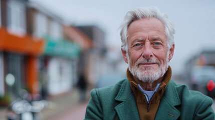 Portrait of a Senior Man with Grey Hair and Beard Outside in a Blazer