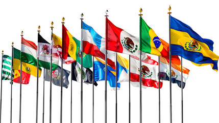 Hispanic Heritage Month flags display, vibrant cultural flag presentation, celebration of Hispanic heritage, png file, isolated on white