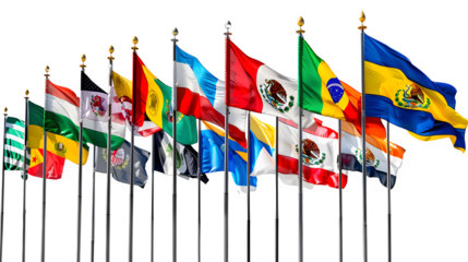 Hispanic Heritage Month flags display, vibrant cultural flag presentation, celebration of Hispanic heritage, png file, isolated on white