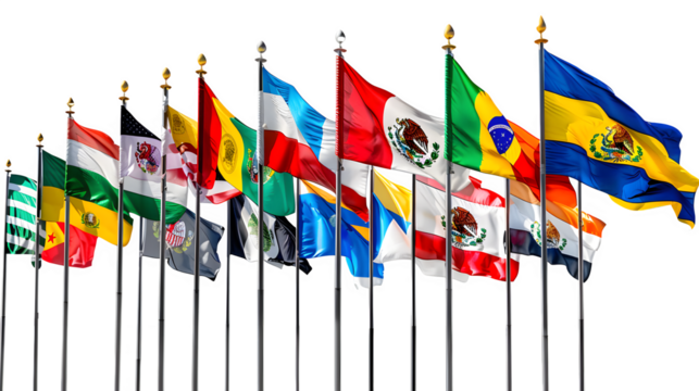 Hispanic Heritage Month flags display, vibrant cultural flag presentation, celebration of Hispanic heritage, png file, isolated on white