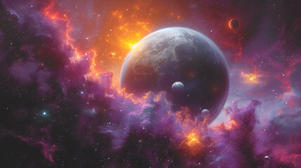  A solar planet in a vibrant cosmic scene with multiple moons and stars