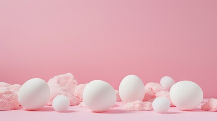 Minimalist white eggs and pink powder on pastel background