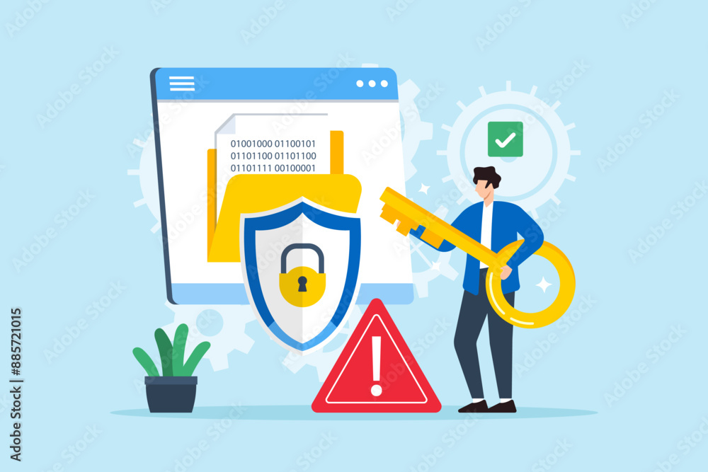 Poster flat illustration of person holding key to decrypting encoded data information security