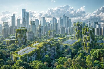 Obraz premium An eco-friendly city of the future with abundant greenery, solar panels, and wind generators, showcasing sustainable living.