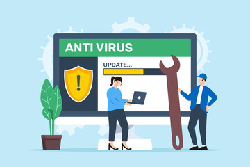 Flat illustration of two people updating antivirus software malware protection and preventing cyber threats