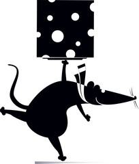 Cute rat or mouse holding a piece of cheese. 
Cartoon rat or mouse with a big slice of cheese. Black and white illustration
