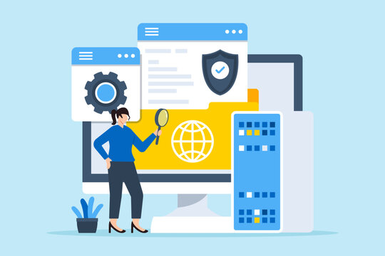 Flat illustration of woman checking system security of cybersecurity audit with magnifying glass