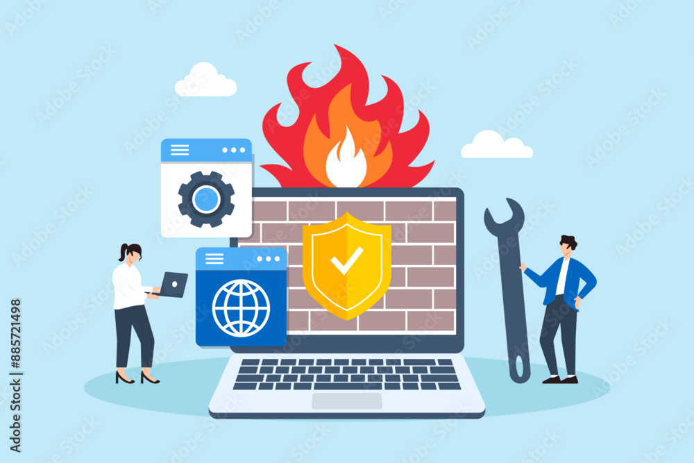 Poster flat illustration of two people configuring firewall settings network security and blocking unauthor