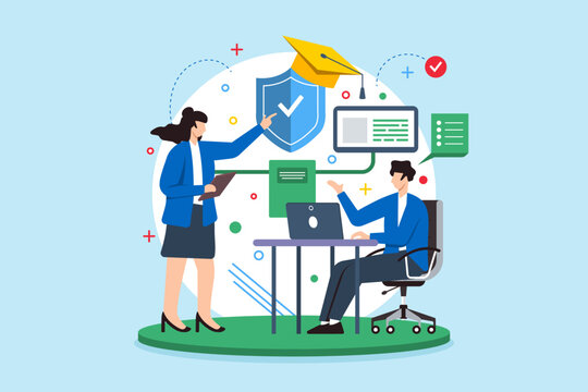 Flat illustration of woman educating man on cybersecurity best practices for cyber hygiene