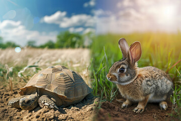A tortoise and a rabbit in a split-frame image representing the classic fable of 'The Tortoise and the Hare', showcasing their contrasting environments.