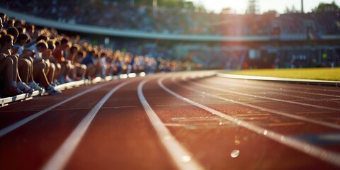 Athletics track with blurred spectators in the Paris Olympic Stadium at sunset